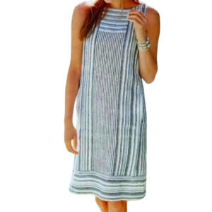 J. Jill Love Linen Navy White Stripe Pockets Knee Length Dress Size Small
